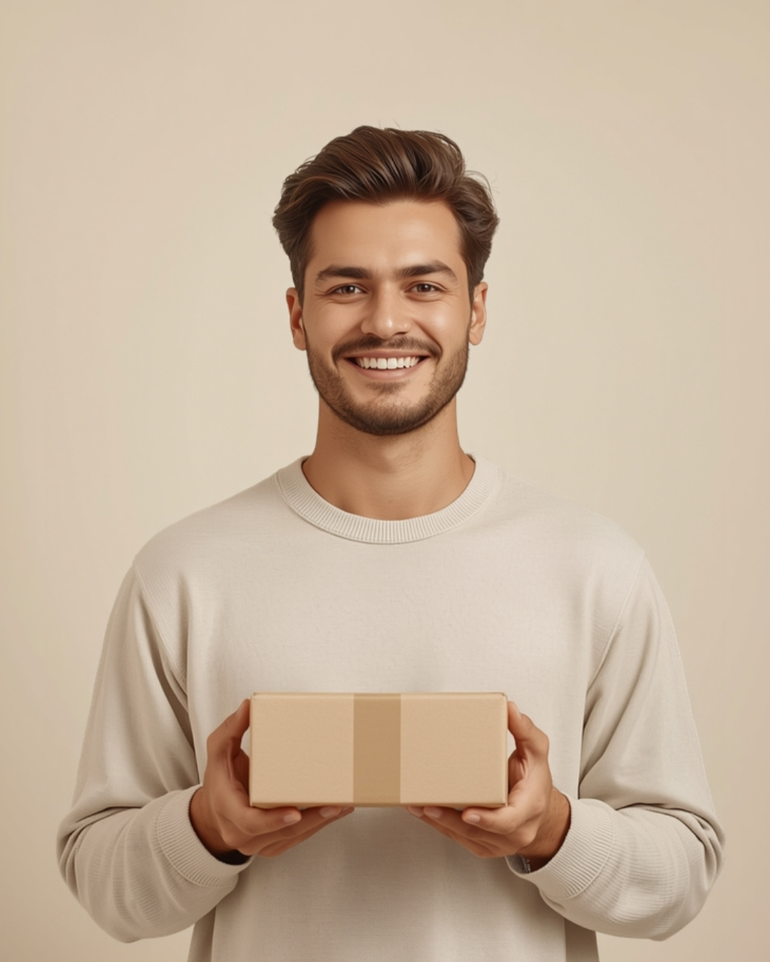 Hyperrealistic AI avatar: product presenter holding a box