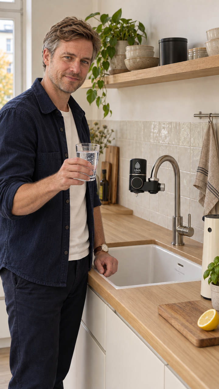 Man using a UMA water filter in the kitchen, hyperrealistic image created with AI
