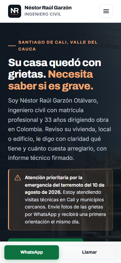 Website of civil engineer Néstor Raúl Garzón, mobile view